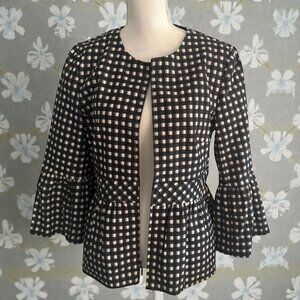 NANETTE LEPORE Black White Gibgham Plaid Peplum Blazer Jacket Size 14